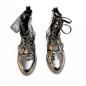 All Saints Donita Combat Boot Black Leather Croc Embossed Size 40